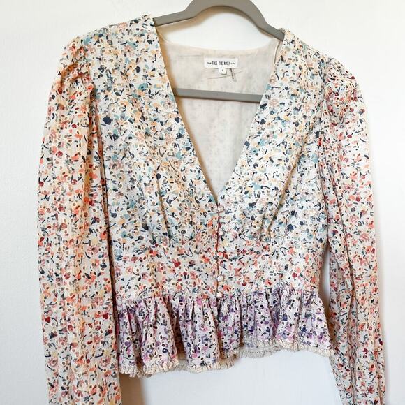 Free the Roses V-Neck Eyelet Floral Rainbow Crop Top Coquette Feminine Small - Picture 2 of 11